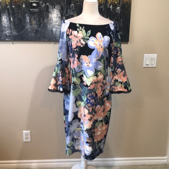 Danny and Nicole Floral Lace Trim Bell Sleeves Off Shoulder Sheath Dress-14 - Picture 1 of 14